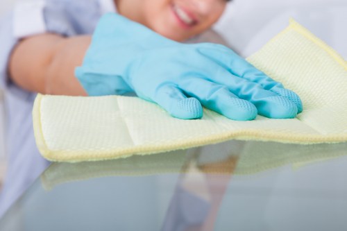 Technician cleaning interior glass with squeegee and microfiber cloth