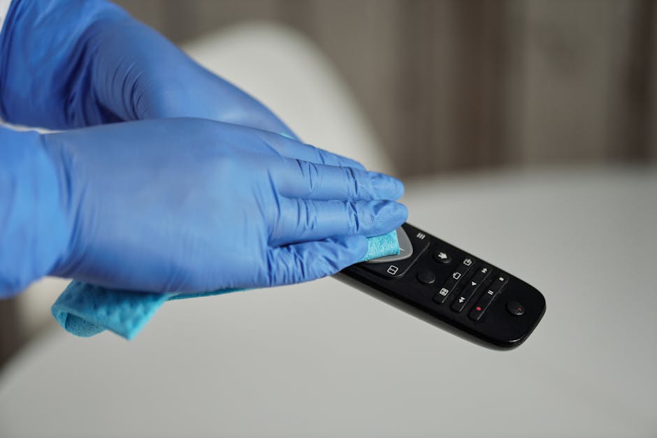 A person wearing a blue disposable gloves is using a blue cleaning cloth to wipe the surface of a black remote control with multiple buttons, including a power button and volume controls, on a white t